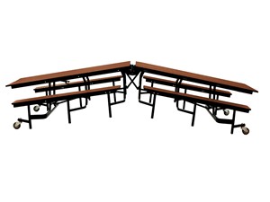 Cafeteria Folding Table Bench Style in Semi Open position for safety. Tables will not collapse down immediately. Allows for easy cleaning