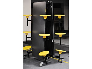 12 Seater Cafeteria Folding Table shown in Graphite and Yellow stools combination. Closed position showed for movement of tables